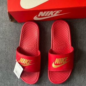 Women’s Red Nike Slides with Gold detail